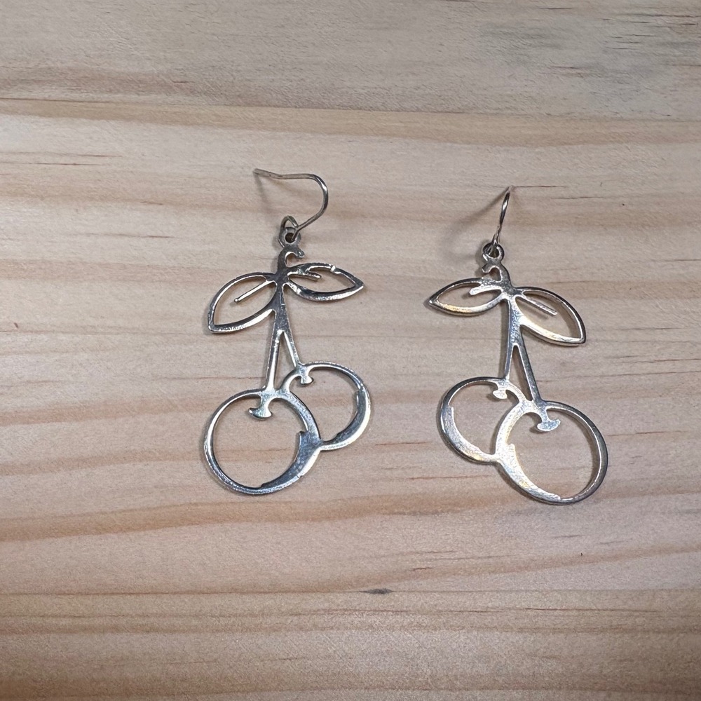 Cherry Drop Silver Tone Earrings Women Fruit Jewelry Good Whimsical Openwork